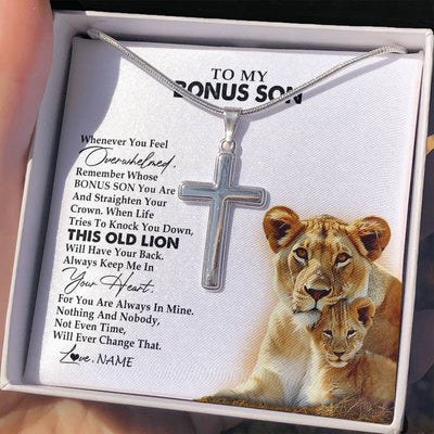 Stainless Cross Necklace Stainless Steel | 2 | Personalized To My Bonus Son Necklace from Stepmom Whenever You Fell Overwhelmed Lion Stepson Birthday Christmas Customized Gift Box Message Card | teecentury