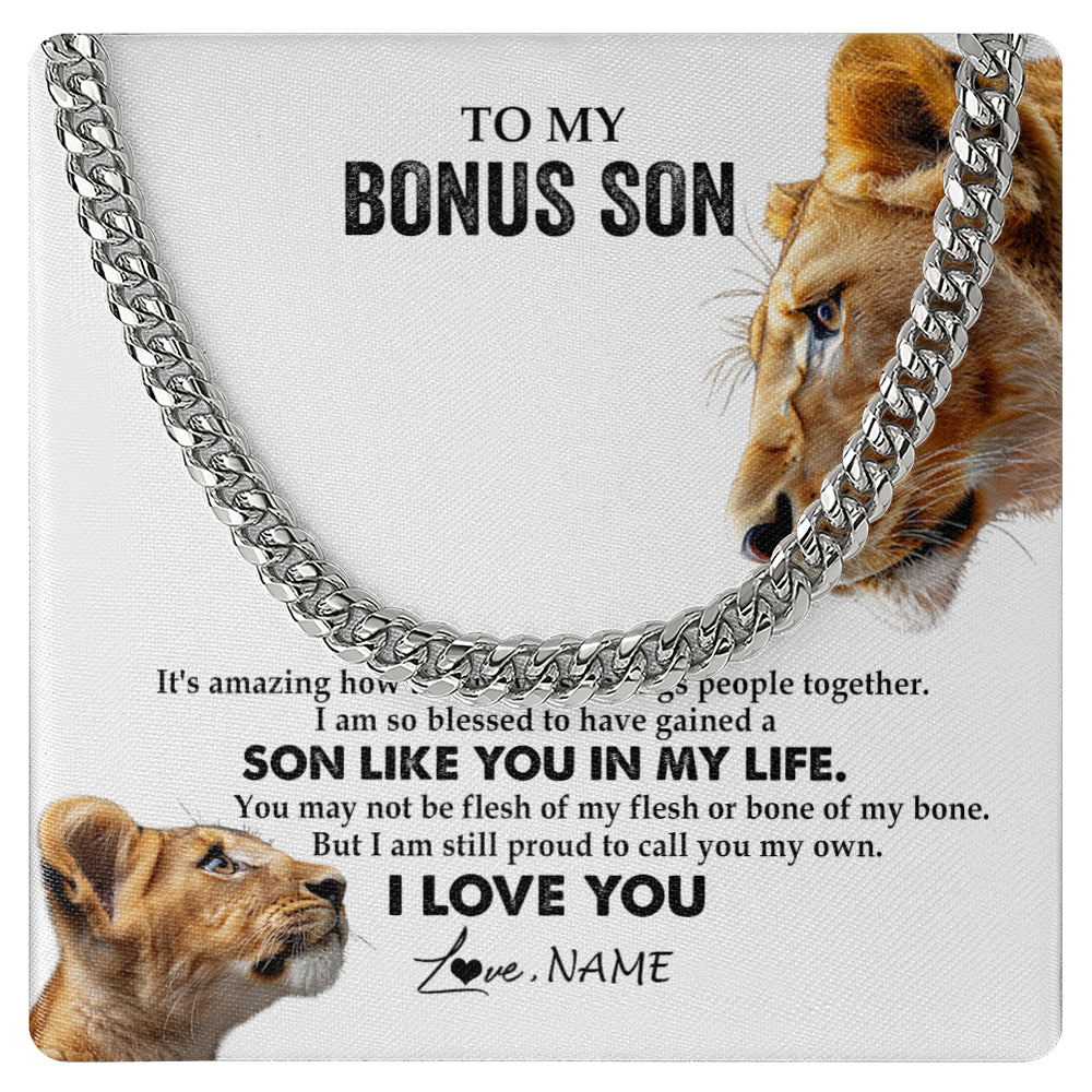 Cuban Link Chain Necklace Stainless Steel | 1 | Personalized To My Bonus Son Necklace from Stepmother Lion I Love You Stepchild Adopted Son Stepson Birthday Christmas Customized Gift Box Message Card | teecentury