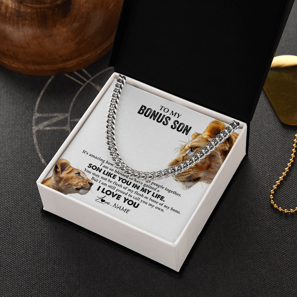 Cuban Link Chain Necklace Stainless Steel | 2 | Personalized To My Bonus Son Necklace from Stepmother Lion I Love You Stepchild Adopted Son Stepson Birthday Christmas Customized Gift Box Message Card | teecentury