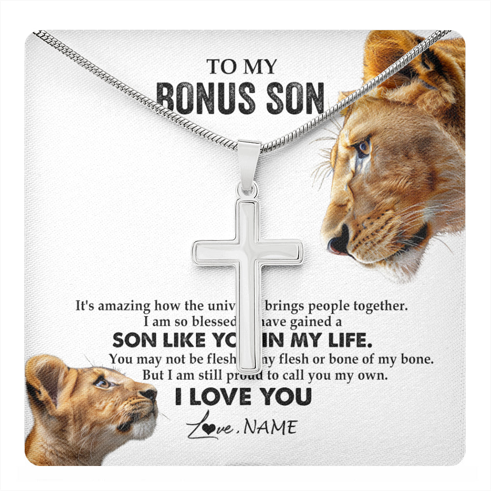 Stainless Cross Necklace Stainless Steel | 1 | Personalized To My Bonus Son Necklace from Stepmother Lion I Love You Stepchild Adopted Son Stepson Birthday Christmas Customized Gift Box Message Card | teecentury