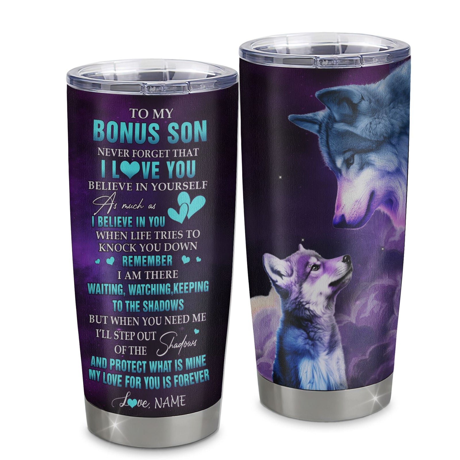 Personalized To My Bonus Son Tumbler From Step Mom Dad Stainless Steel Cup Wolf Moon My Love For You Is Forever Stepson Birthday Gifts Christmas Custom Travel Mug | teecentury