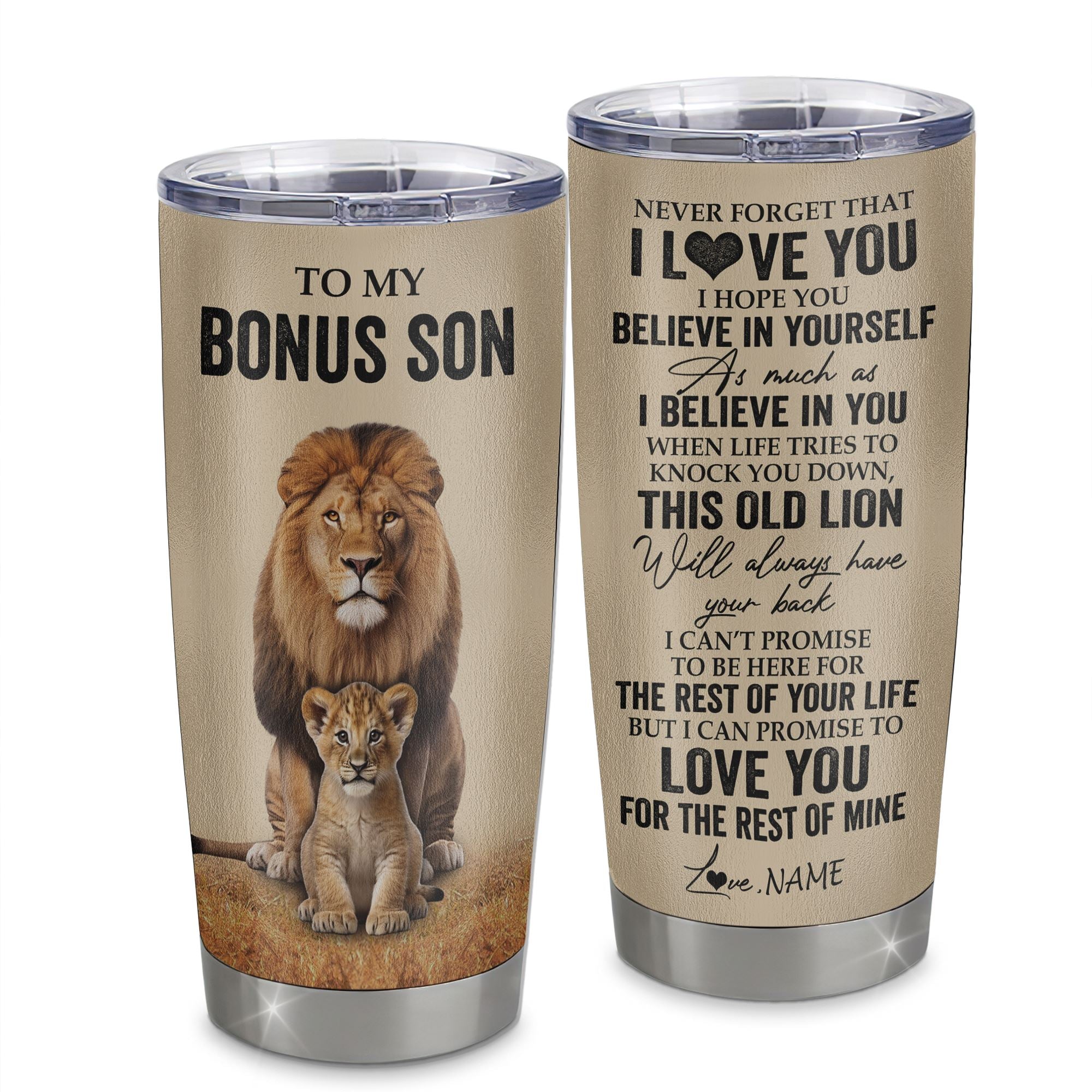 Personalized To My Bonus Son Tumbler From Stepdad Lion Stainless Steel Cup Never Forget That I Love You Stepson Birthday Gifts Graduation Christmas Custom Travel Mug | teecentury
