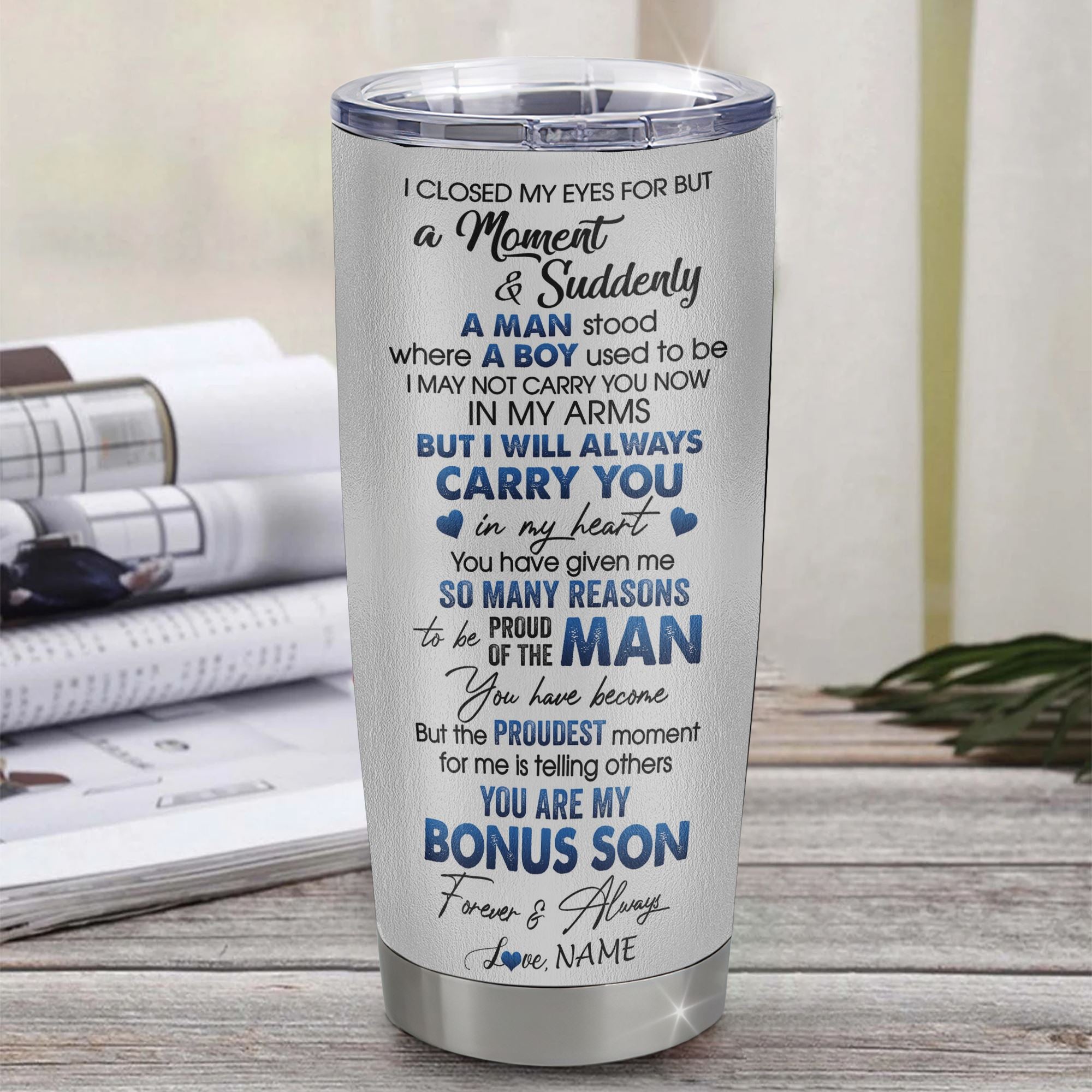 Personalized To My Bonus Son Tumbler From Stepdad Stainless Steel Cup I Close My Eyes For But A Moment Wolf Stepson Birthday Gifts Graduation Christmas Travel Mug | teecentury