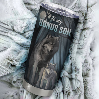 Personalized To My Bonus Son Tumbler From Stepfather Stainless Steel Cup Never Feel That You Are Alone Wolf Stepson Birthday Graduation Christmas Travel Mug | teecentury
