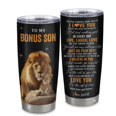 Personalized To My Bonus Son Tumbler From Stepfather Stepdad Live Laugh Love Lion Stepson Birthday Gifts Positive Graduation Christmas Custom Travel Mug | teecentury