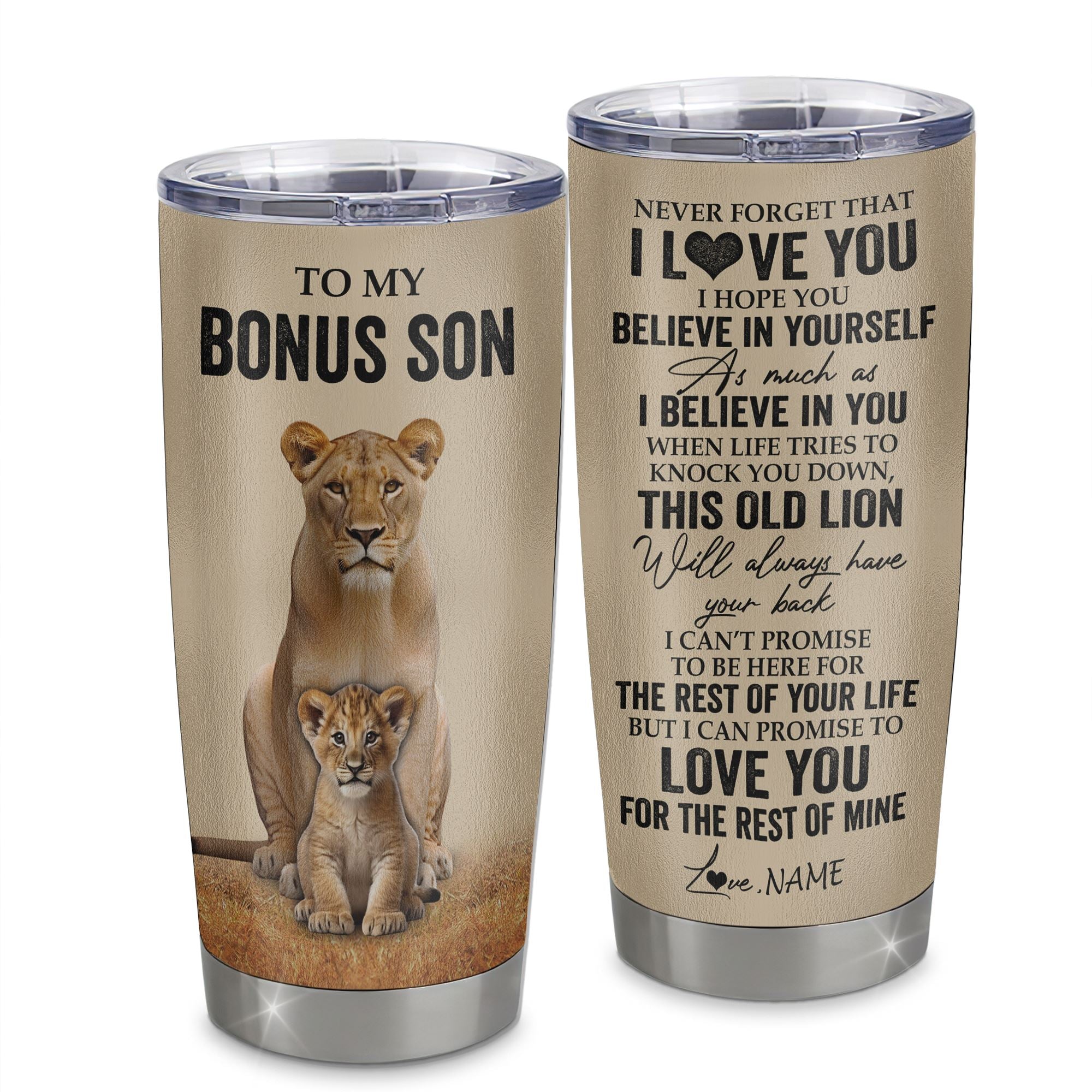 Personalized To My Bonus Son Tumbler From Stepmom Lion Stainless Steel Cup Never Forget That I Love You Stepson Birthday Gifts Graduation Christmas Custom Travel Mug | teecentury