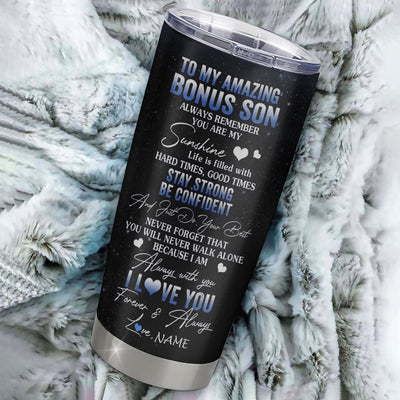 Personalized To My Bonus Son Tumbler From Stepmom Stepdad Stainless Steel Cup Moon Wolf Stepson Birthday Gifts Graduation Christmas Custom Travel Mug | teecentury