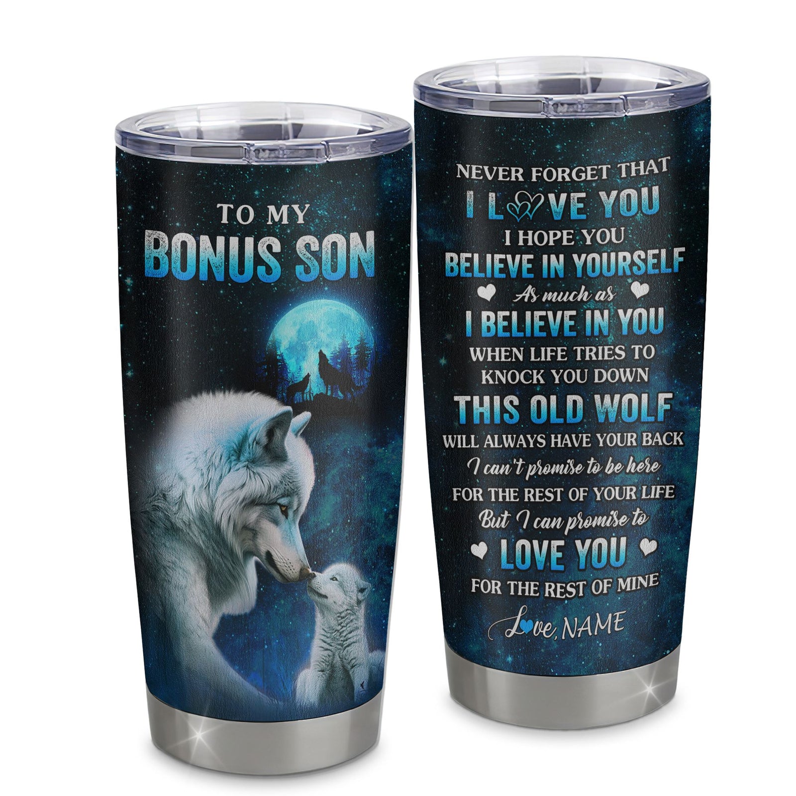Personalized To My Bonus Son Tumbler From Stepmom Stepdad Stainless Steel Cup This Old Wolf Love Stepson Birthday Gifts Graduation Christmas Custom Travel Mug | teecentury