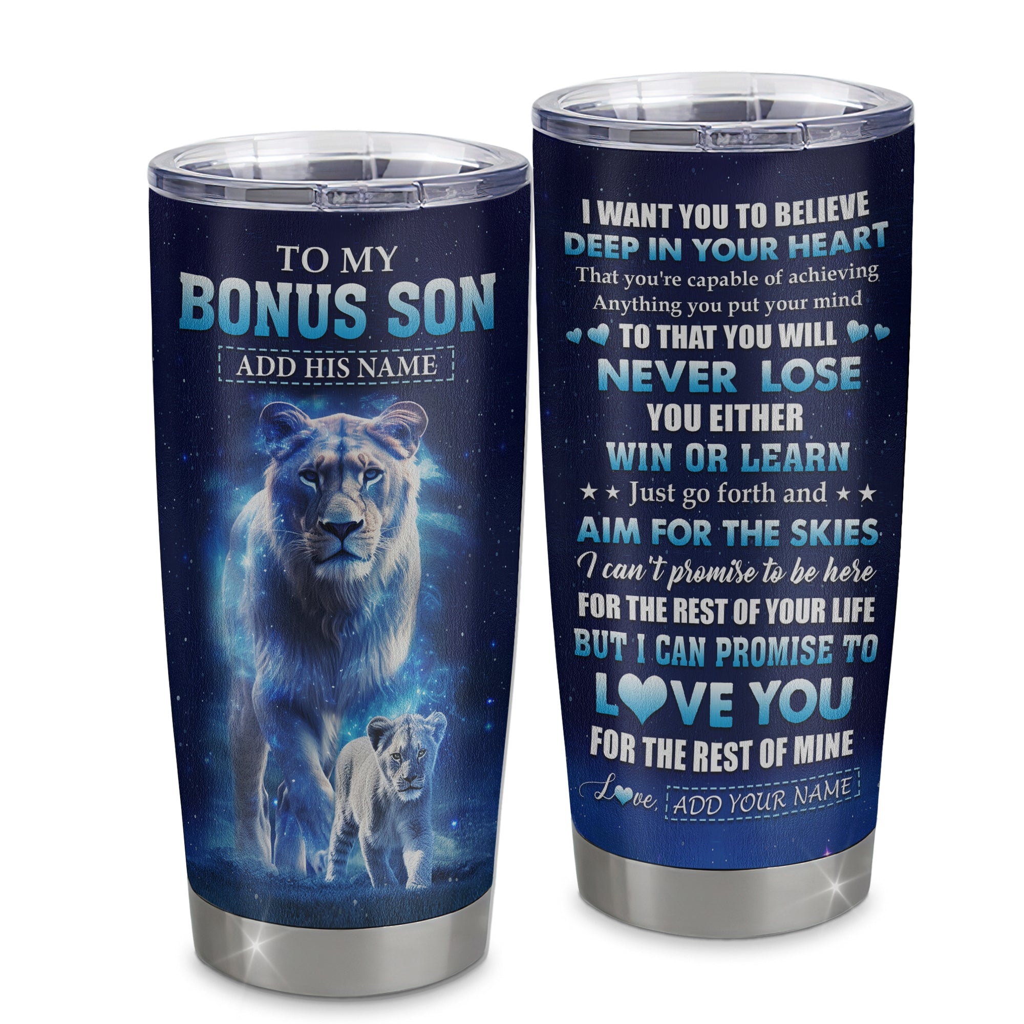 Personalized To My Bonus Son Tumbler From Stepmother Believe Your Heart Stepson Gift Birthday Graduation Christmas Custom Stainless Steel Cup Travel Mug | teecentury