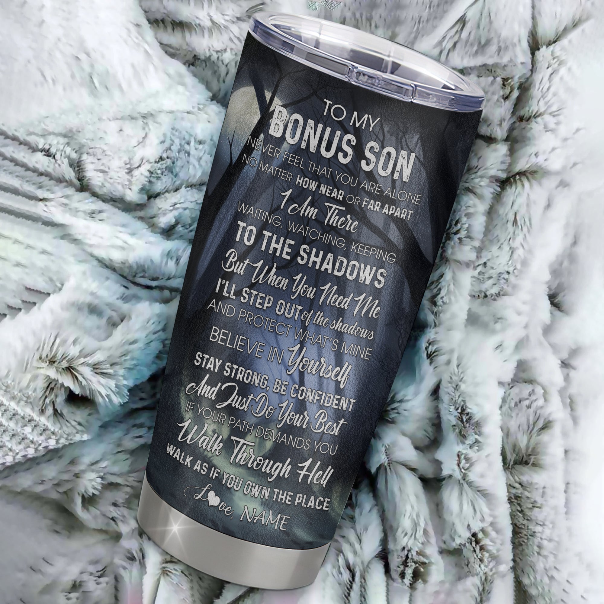 Personalized To My Bonus Son Tumbler From Stepmother Stepdad Stainless Steel Cup Never Feel You Are Alone Wolf Stepson Birthday Graduation Christmas Travel Mug | teecentury