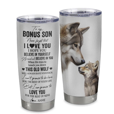 Personalized To My Bonus Son Tumbler From Stepmother Stepdad Stainless Steel Cup This Old Wolf Love You Stepson Birthday Graduation Christmas Travel Mug | teecentury