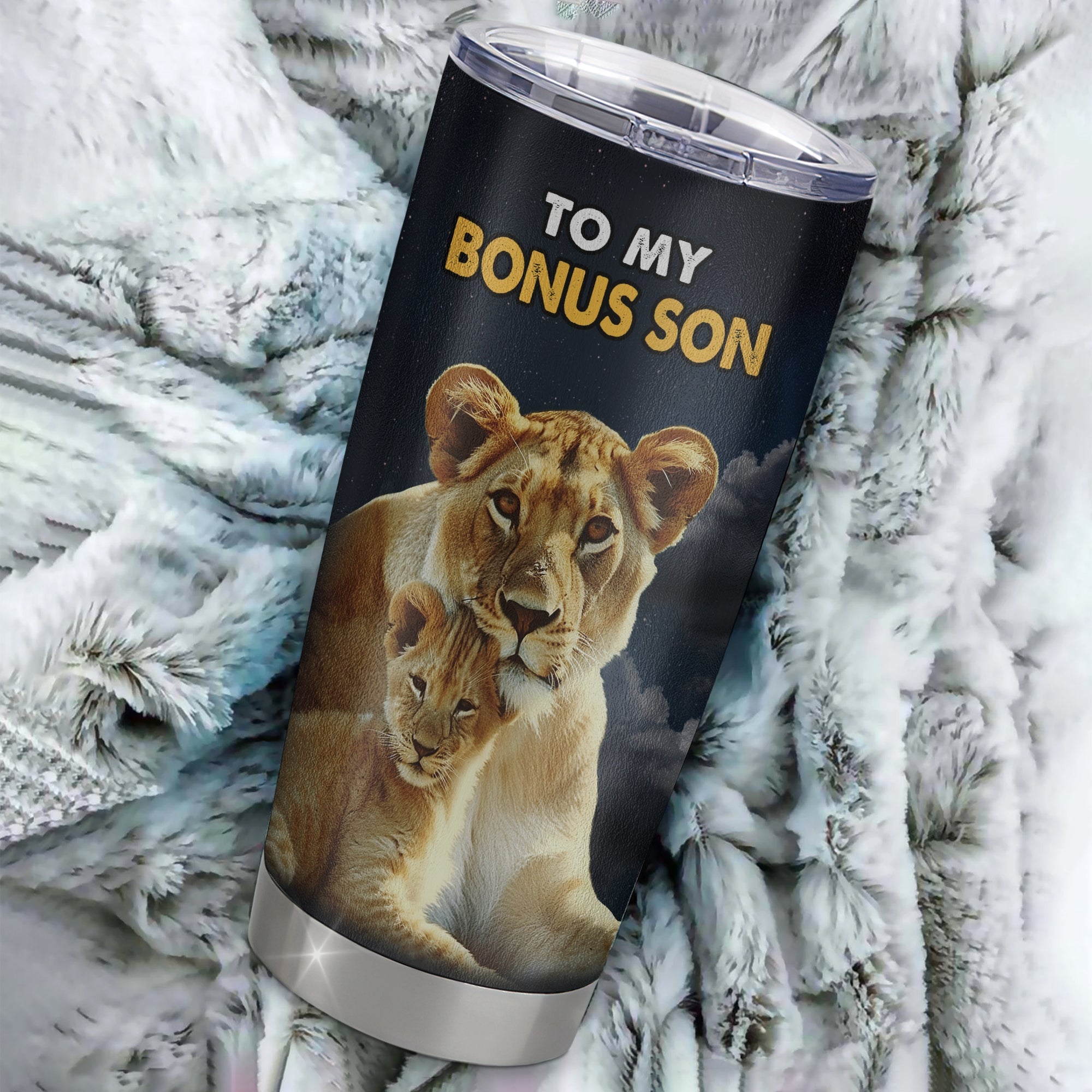 Personalized To My Bonus Son Tumbler From Stepmother Stepfather Stainless Steel Cup Lion Never Give Up Stepson Birthday Graduation Christmas Travel Mug | teecentury