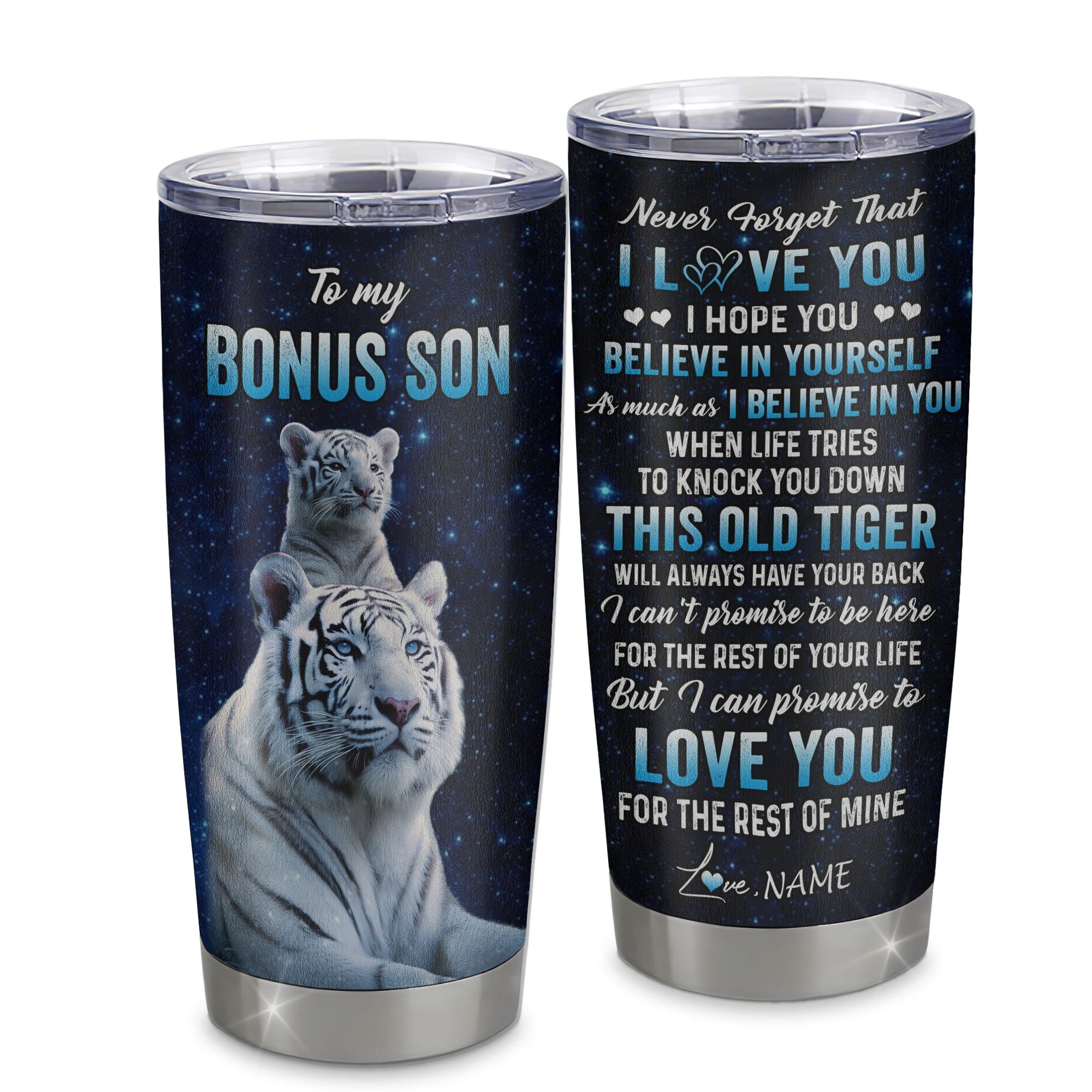 Personalized To My Bonus Son Tumbler Gift From Stepfather Stainless Steel Cup This Old Tiger Love You Stepson Birthday Graduation Christmas Custom Travel Mug | teecentury