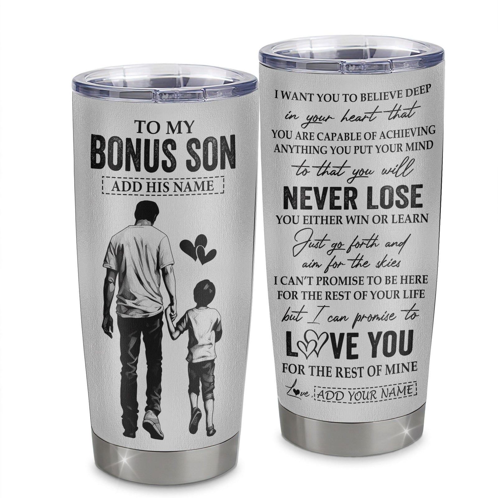 Personalized To My Bonus Son Tumbler You Will Never Lose From Bonus Dad Stepfather Stepson Birthday Gifts Graduation Christmas Custom Stainless Steel Cup Travel Mug | teecentury
