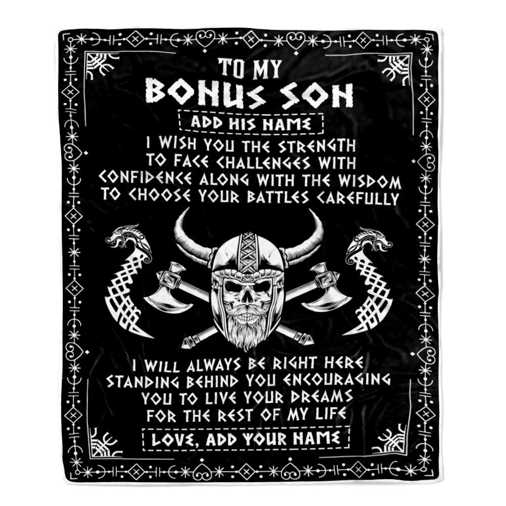 Personalized To My Bonus Son Viking Blanket From Stepmother Stepdad I Wish You The Strength Scandinavian Norse Runes Viking For Men Birthday Fleece Blanket | teecentury