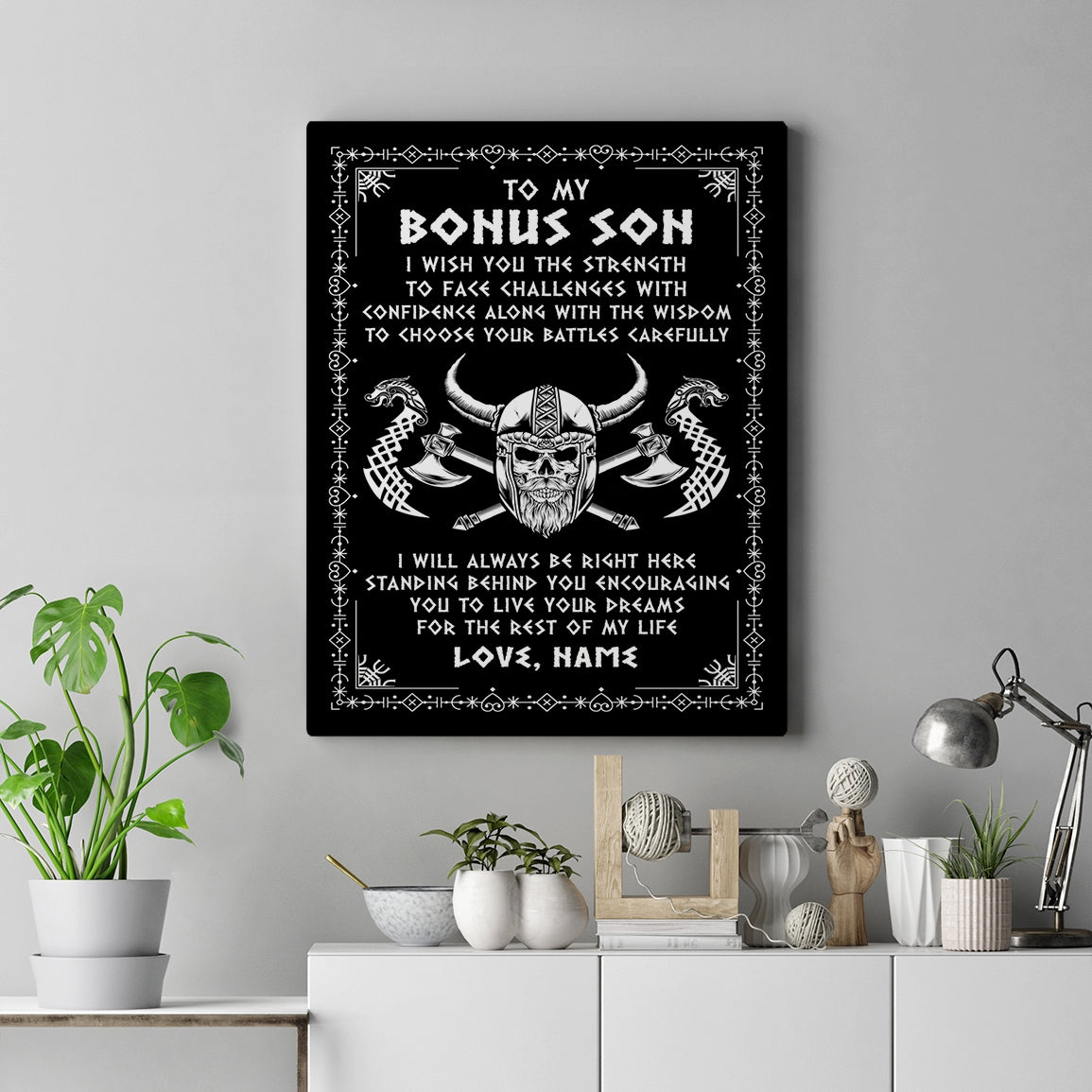 Personalized To My Bonus Son Viking Canvas I Wish You The Strength Scandinavian Norse Runes Viking For Men Birthday Christmas Custom Wall Art Print Framed Canvas | teecentury