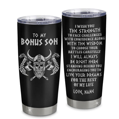 Personalized To My Bonus Son Viking Tumbler From Stepmother Stepdad I Wish You The Strength Scandinavian Norse Runes Viking For Men Birthday Christmas Custom Travel Mug | teecentury