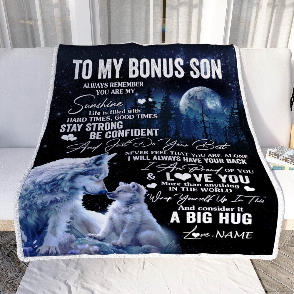 Personalized To My Bonus Son Wolf Blanket From Step Mom Stepdad Always Remember Stepson Birthday Graduation Christmas Customized Bed Fleece Throw Blanket | teecentury