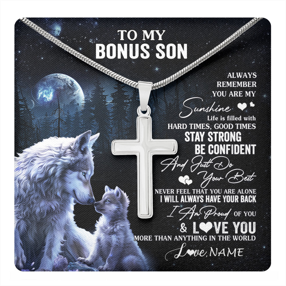 Stainless Cross Necklace Stainless Steel | 1 | Personalized To My Bonus Son Wolf Necklace From Step Mom Stepdad Always Remember Step Son Birthday Graduation Christmas Customized Gift Box Message Card | teecentury