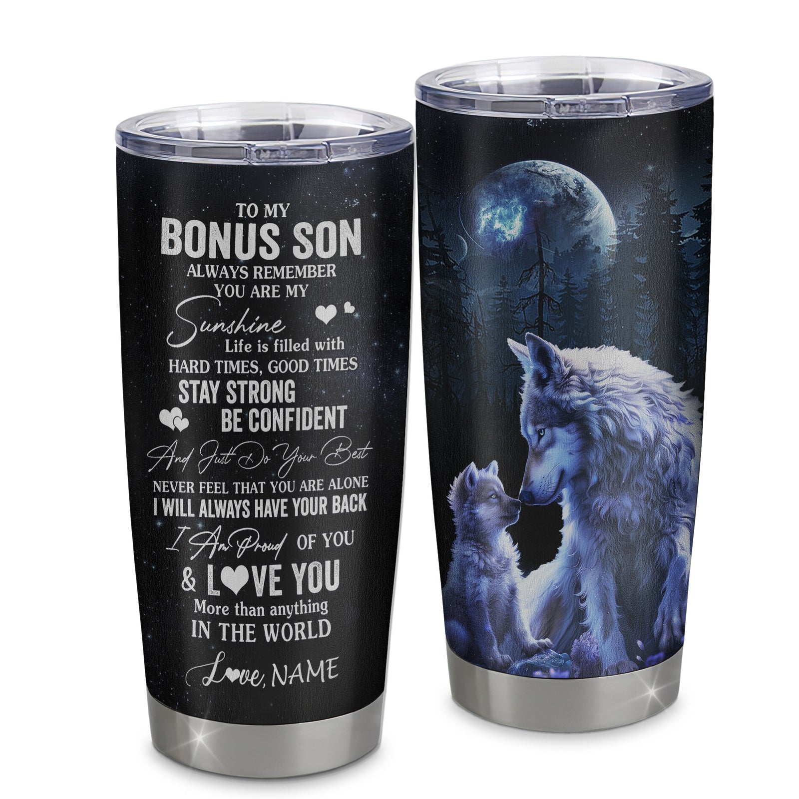 Personalized To My Bonus Son Wolf Tumbler From Step Mom Stainless Steel Cup Always Remember Stepson Birthday Graduation Christmas Travel Mug | teecentury