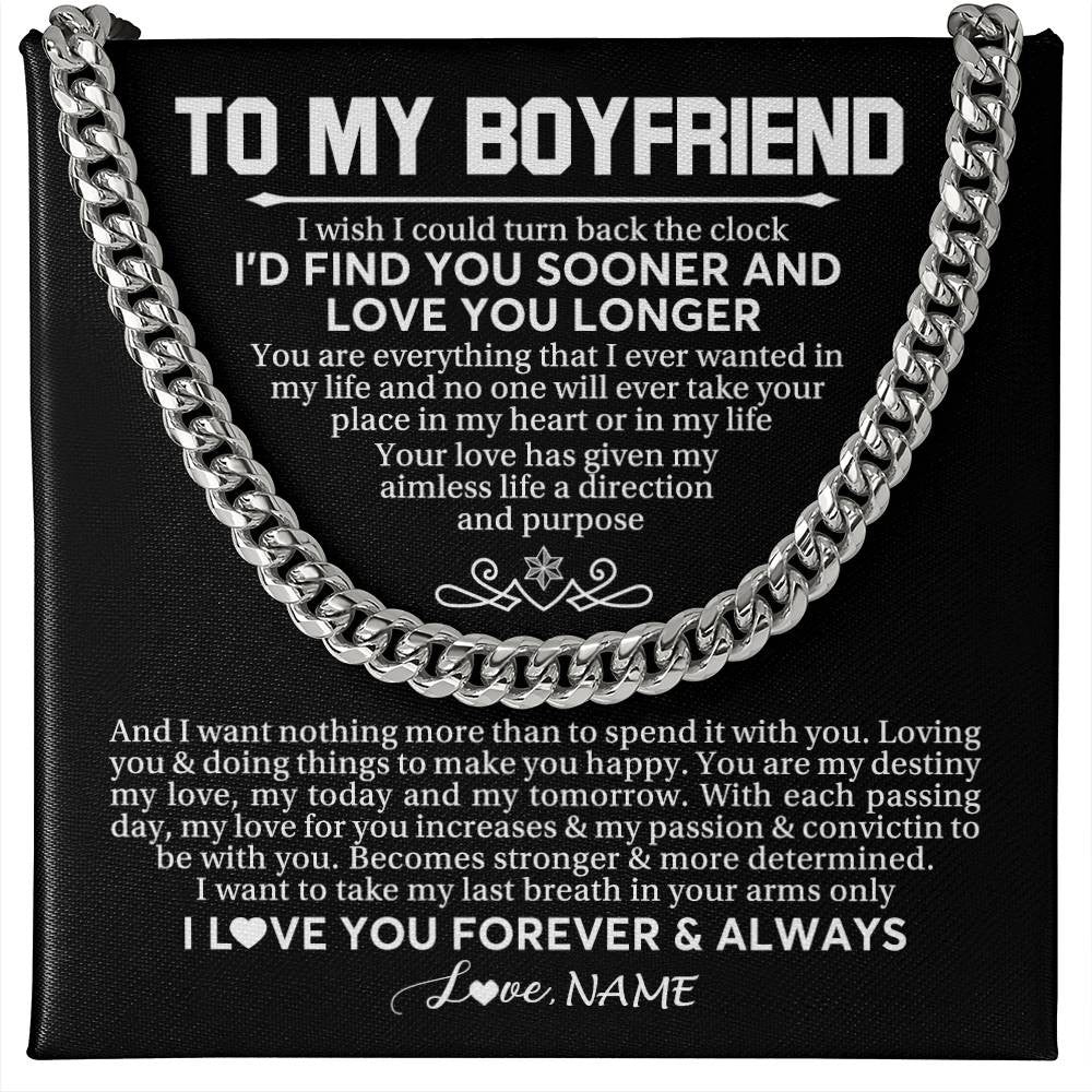 Cuban Link Chain Necklace Stainless Steel | 1 | Personalized To My Boyfriend Cuban Necklace I'd Find You Sooner Love You Longer Boyfriend Birthday Anniversary Day Christmas Customized Gift Box Message Card | teecentury
