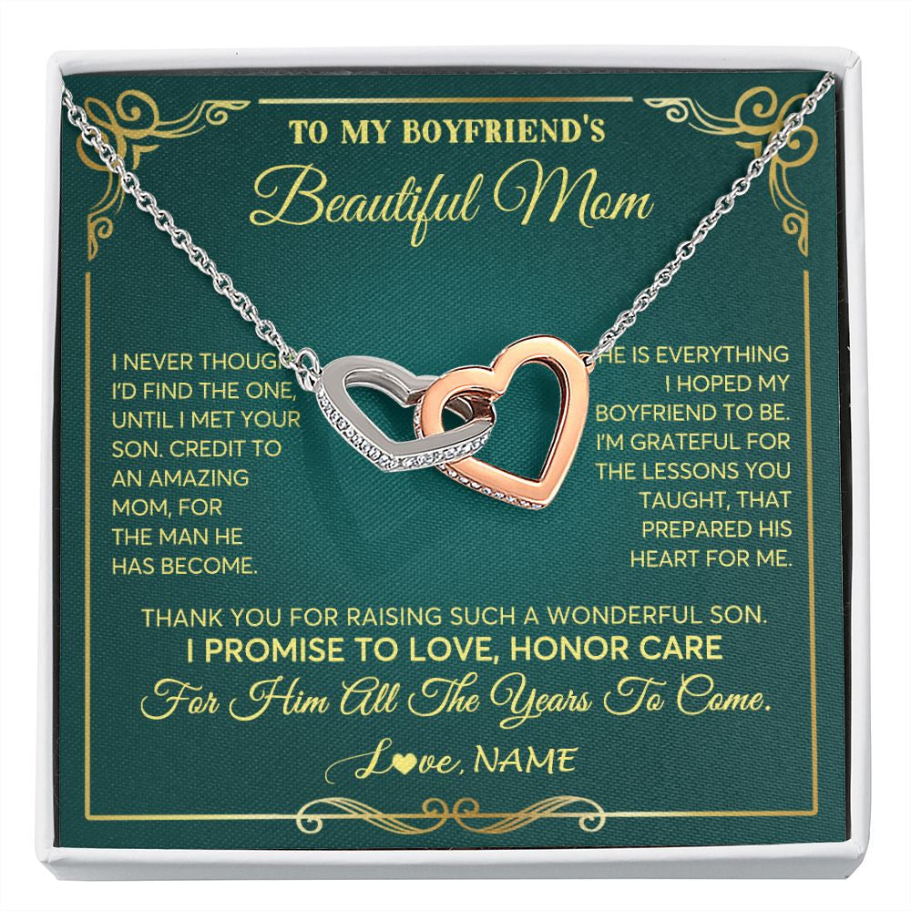 Interlocking Hearts Necklace | Personalized To My Boyfriend's Beautiful Mom Necklace From Daughter Thannk You Mother In Law Mothers Day Birthday Christmas Customized Gift Box Message Card | teecentury