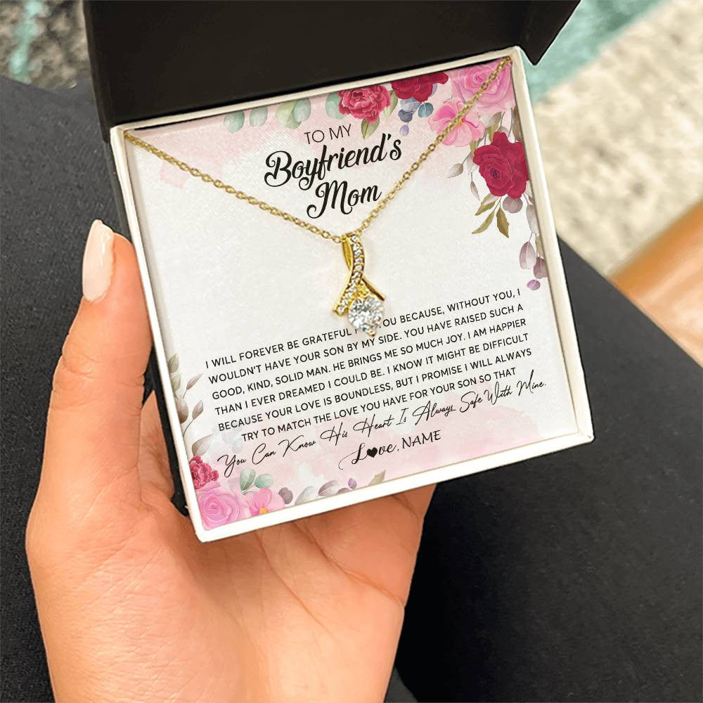 Alluring Beauty Necklace 18K Yellow Gold Finish | Personalized To My Boyfriend's Mom Necklace Flower Forever Be Grateful Boyfriend's Mom Birthday Mother's Day Pendant Jewelry Customized Gift Box Message Card | teecentury