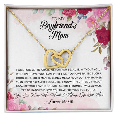 Interlocking Hearts Necklace 18K Yellow Gold Finish | Personalized To My Boyfriend's Mom Necklace Flower Forever Be Grateful Boyfriend's Mom Birthday Mother's Day Pendant Jewelry Customized Gift Box Message Card | teecentury
