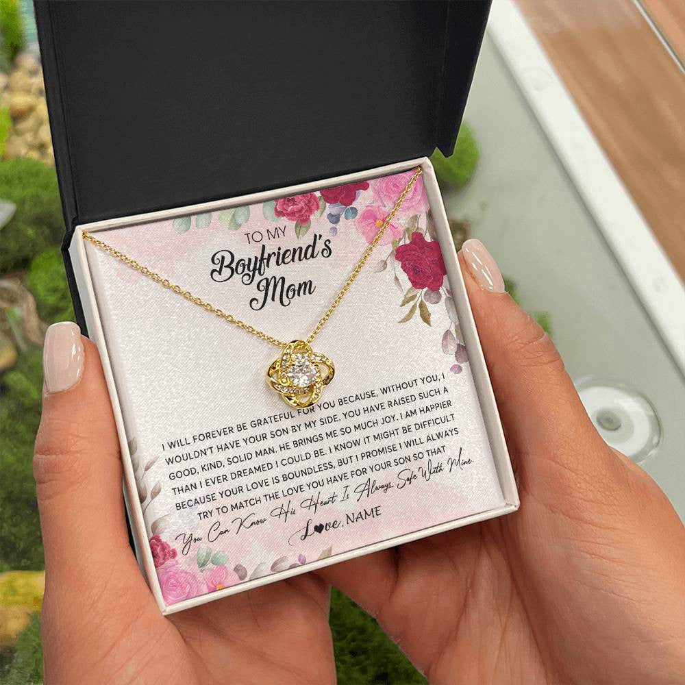 Love Knot Necklace 18K Yellow Gold Finish | Personalized To My Boyfriend's Mom Necklace Flower Forever Be Grateful Boyfriend's Mom Birthday Mother's Day Pendant Jewelry Customized Gift Box Message Card | teecentury