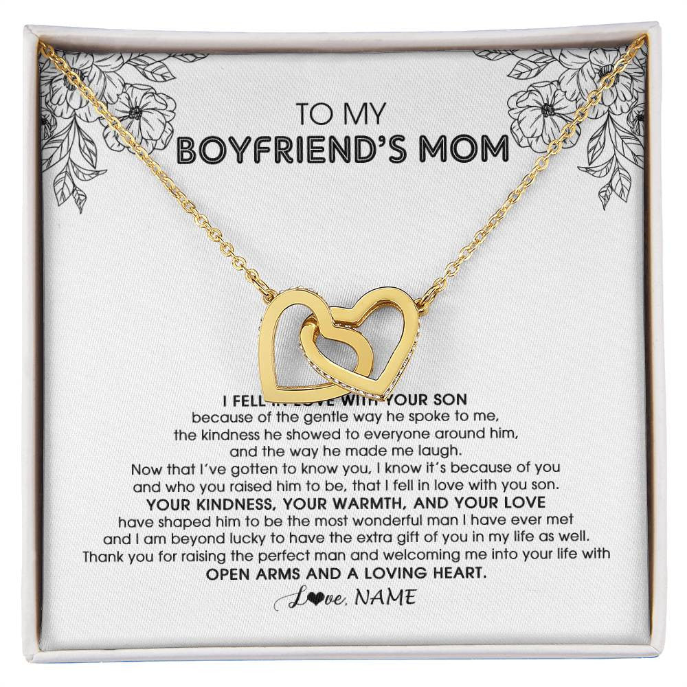 Interlocking Hearts Necklace 18K Yellow Gold Finish | Personalized To My Boyfriend's Mom Necklace I Fell In Love With Your Son Boyfriends Mom Mother's Day Birthday Pendant Jewelry Customized Gift Box Message Card | teecentury