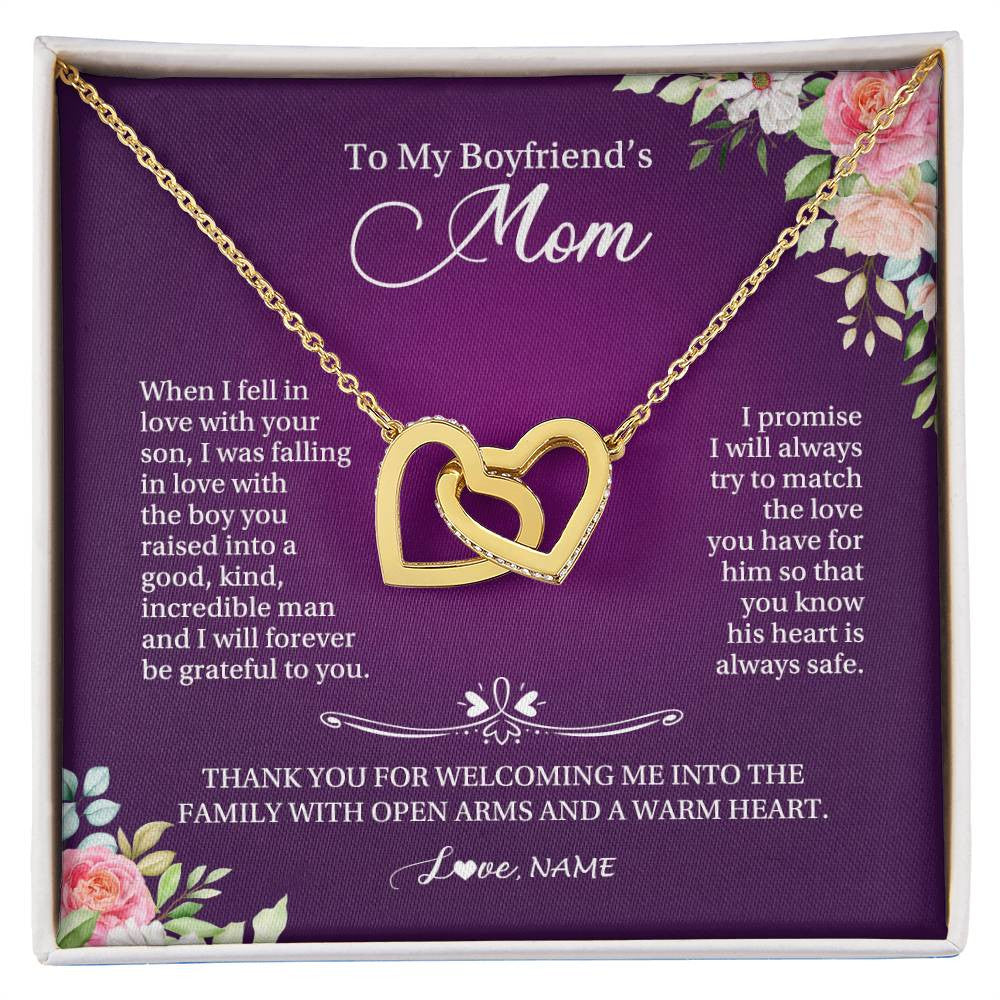 Interlocking Hearts Necklace 18K Yellow Gold Finish | Personalized To My Boyfriend's Mom Necklace I Will Forever Be Grateful To You Boyfriend's Mom Mother's Day Pendant Jewelry Customized Gift Box Message Card | teecentury
