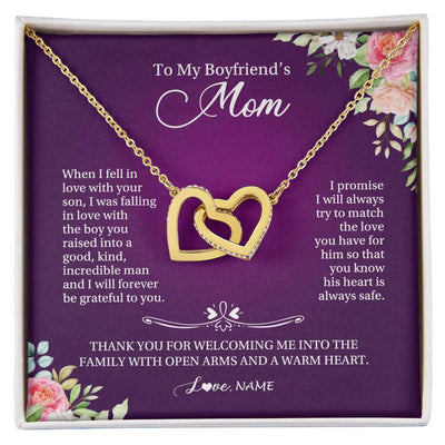 Interlocking Hearts Necklace 18K Yellow Gold Finish | Personalized To My Boyfriend's Mom Necklace I Will Forever Be Grateful To You Boyfriend's Mom Mother's Day Pendant Jewelry Customized Gift Box Message Card | teecentury