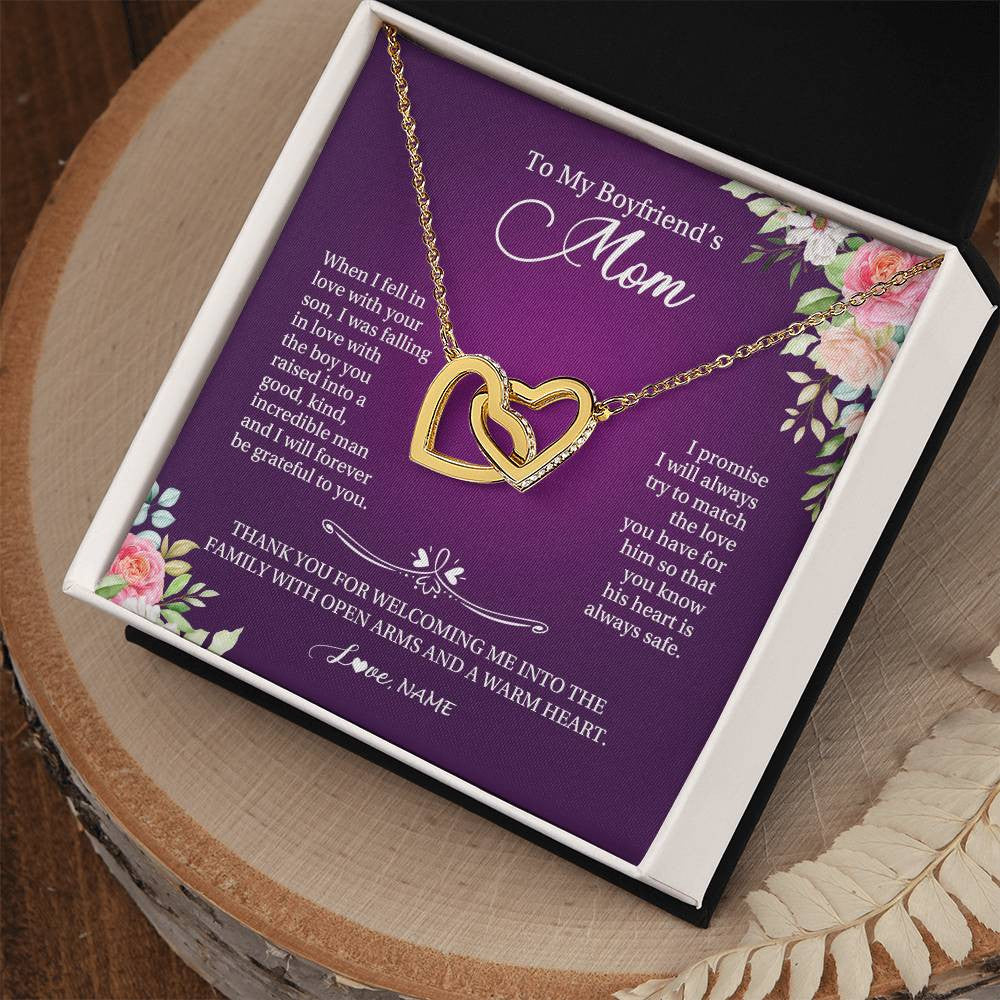 Interlocking Hearts Necklace 18K Yellow Gold Finish | Personalized To My Boyfriend's Mom Necklace I Will Forever Be Grateful To You Boyfriend's Mom Mother's Day Pendant Jewelry Customized Gift Box Message Card | teecentury