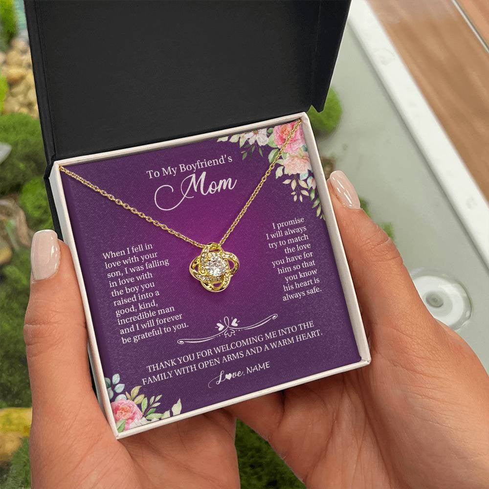 Love Knot Necklace 18K Yellow Gold Finish | Personalized To My Boyfriend's Mom Necklace I Will Forever Be Grateful To You Boyfriend's Mom Mother's Day Pendant Jewelry Customized Gift Box Message Card | teecentury