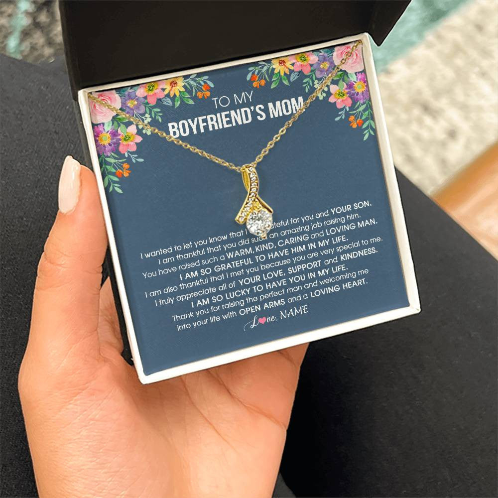 Alluring Beauty Necklace 18K Yellow Gold Finish | Personalized To My Boyfriend's Mom Necklace I am Grateful For You And Your Son Boyfriend's Mom Mother's Day Birthday Jewelry Customized Gift Box Message Card | teecentury