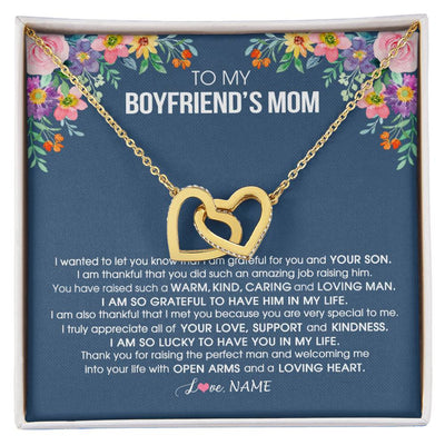 Interlocking Hearts Necklace 18K Yellow Gold Finish | Personalized To My Boyfriend's Mom Necklace I am Grateful For You And Your Son Boyfriend's Mom Mother's Day Birthday Jewelry Customized Gift Box Message Card | teecentury