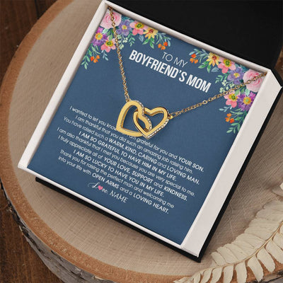 Interlocking Hearts Necklace 18K Yellow Gold Finish | Personalized To My Boyfriend's Mom Necklace I am Grateful For You And Your Son Boyfriend's Mom Mother's Day Birthday Jewelry Customized Gift Box Message Card | teecentury
