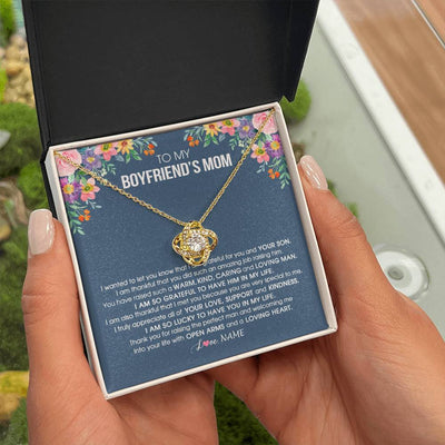 Love Knot Necklace 18K Yellow Gold Finish | Personalized To My Boyfriend's Mom Necklace I am Grateful For You And Your Son Boyfriend's Mom Mother's Day Birthday Jewelry Customized Gift Box Message Card | teecentury