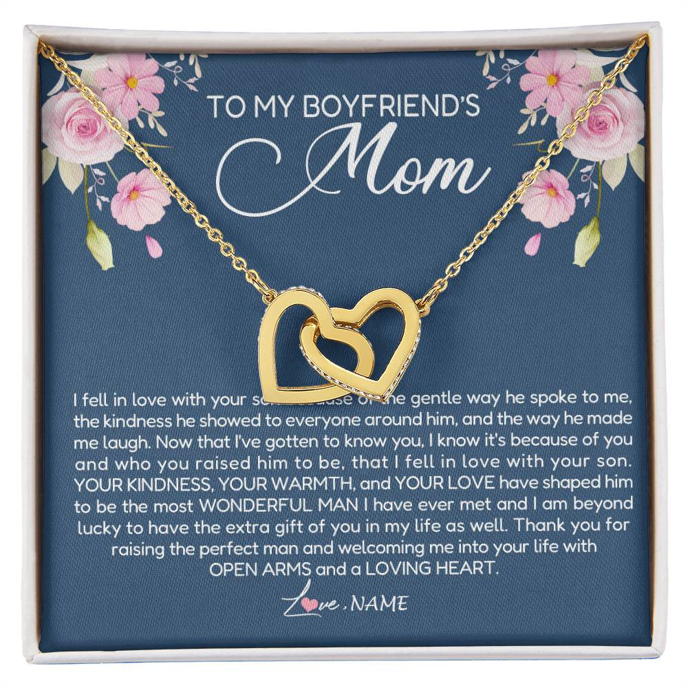 Interlocking Hearts Necklace 18K Yellow Gold Finish | Personalized To My Boyfriend's Mom Necklace Thank You For Raising The Perfect Man Boyfriend's Mom Mother's Day Pendant Jewelry Customized Gift Box Message Card | teecentury