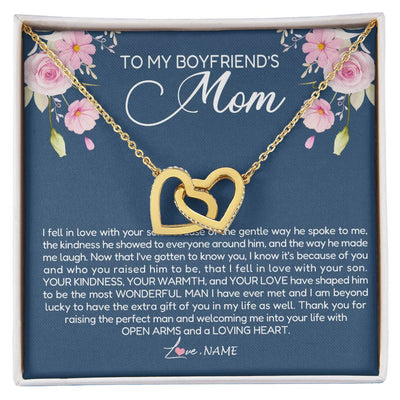 Interlocking Hearts Necklace 18K Yellow Gold Finish | Personalized To My Boyfriend's Mom Necklace Thank You For Raising The Perfect Man Boyfriend's Mom Mother's Day Pendant Jewelry Customized Gift Box Message Card | teecentury