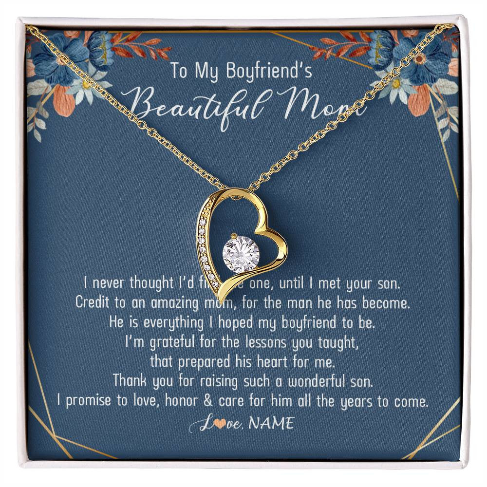 Forever Love Necklace 18K Yellow Gold Finish | Personalized To My Boyfriend's Mom Necklace Thank You For Raising Wonderful Son Boyfriend's Mom Mother's Day Pendant Jewelry Customized Gift Box Message Card | teecentury