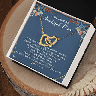 Interlocking Hearts Necklace 18K Yellow Gold Finish | Personalized To My Boyfriend's Mom Necklace Thank You For Raising Wonderful Son Boyfriend's Mom Mother's Day Pendant Jewelry Customized Gift Box Message Card | teecentury