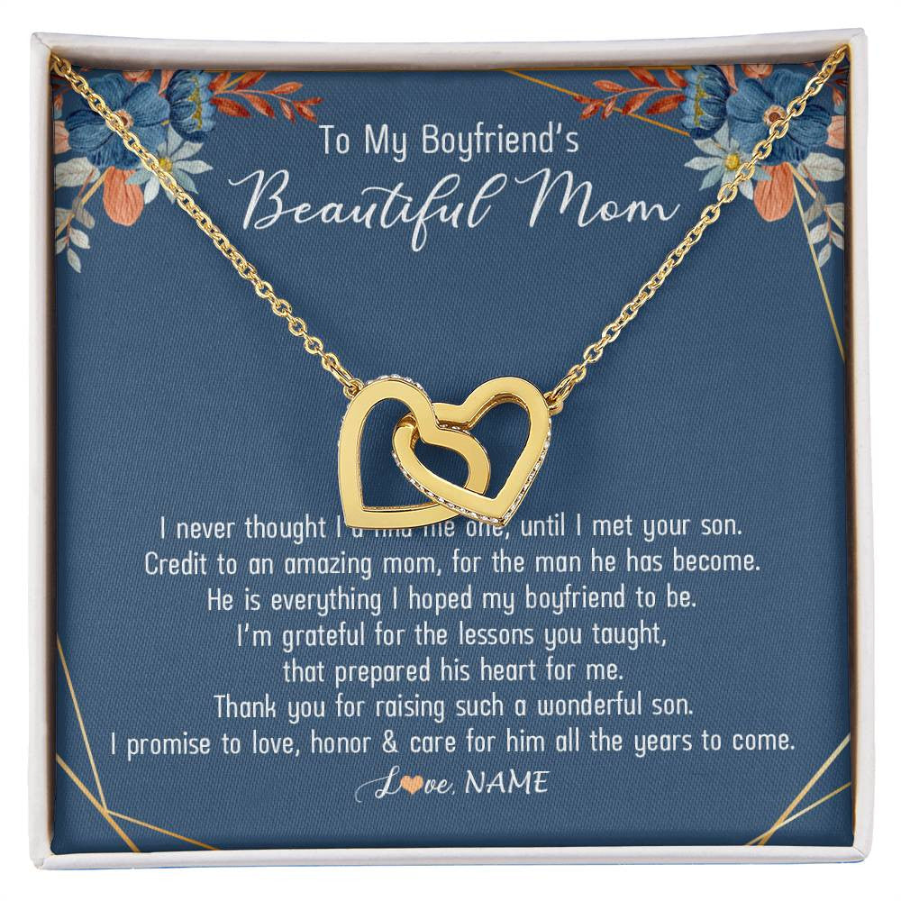 Interlocking Hearts Necklace 18K Yellow Gold Finish | Personalized To My Boyfriend's Mom Necklace Thank You For Raising Wonderful Son Boyfriend's Mom Mother's Day Pendant Jewelry Customized Gift Box Message Card | teecentury