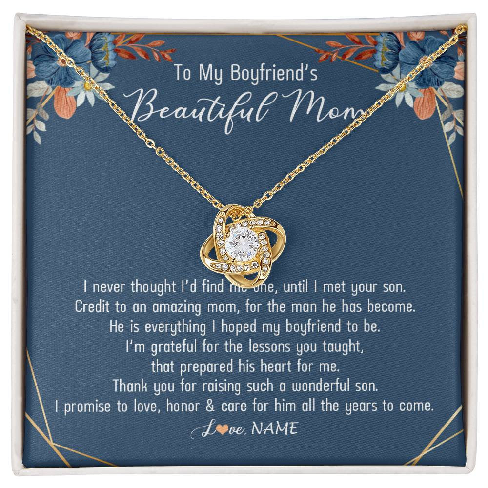 Love Knot Necklace 18K Yellow Gold Finish | Personalized To My Boyfriend's Mom Necklace Thank You For Raising Wonderful Son Boyfriend's Mom Mother's Day Pendant Jewelry Customized Gift Box Message Card | teecentury