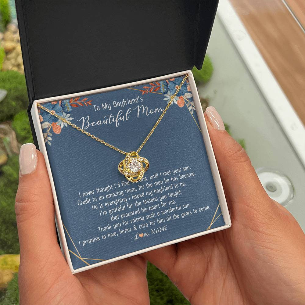 Love Knot Necklace 18K Yellow Gold Finish | Personalized To My Boyfriend's Mom Necklace Thank You For Raising Wonderful Son Boyfriend's Mom Mother's Day Pendant Jewelry Customized Gift Box Message Card | teecentury
