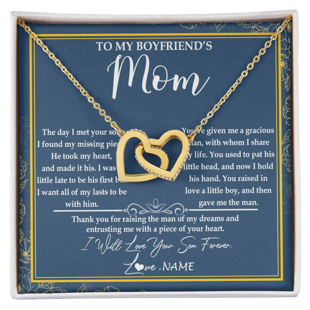 Interlocking Hearts Necklace 18K Yellow Gold Finish | Personalized To My Boyfriend's Mom Necklace Thank You For Rasing The Man Boyfriends Mom Mother's Day Birthday Pendant Jewelry Customized Gift Box Message Card | teecentury