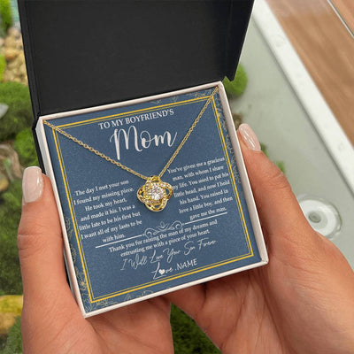 Love Knot Necklace 18K Yellow Gold Finish | Personalized To My Boyfriend's Mom Necklace Thank You For Rasing The Man Boyfriends Mom Mother's Day Birthday Pendant Jewelry Customized Gift Box Message Card | teecentury