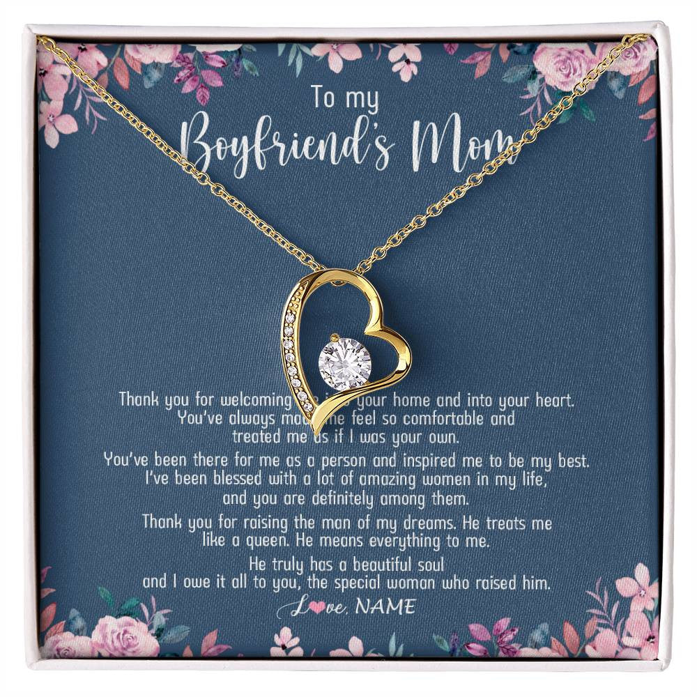 Forever Love Necklace 18K Yellow Gold Finish | Personalized To My Boyfriend's Mom Necklace Thank You For Welcoming Me Boyfriends Mom Mother's Day Birthday Pendant Jewelry Customized Gift Box Message Card | teecentury