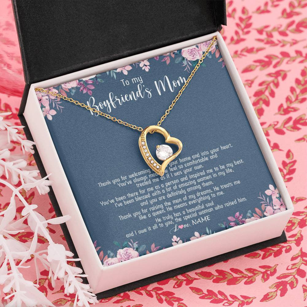 Forever Love Necklace 18K Yellow Gold Finish | Personalized To My Boyfriend's Mom Necklace Thank You For Welcoming Me Boyfriends Mom Mother's Day Birthday Pendant Jewelry Customized Gift Box Message Card | teecentury