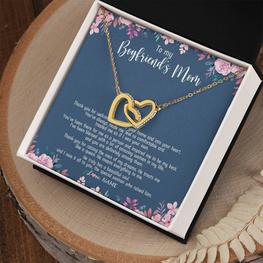 Interlocking Hearts Necklace 18K Yellow Gold Finish | Personalized To My Boyfriend's Mom Necklace Thank You For Welcoming Me Boyfriends Mom Mother's Day Birthday Pendant Jewelry Customized Gift Box Message Card | teecentury